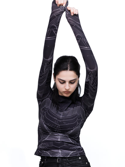 Female Model wearing VinöniV / VinoniV Obsidian Feather Nightcall fitted printed bodysuit jersey top