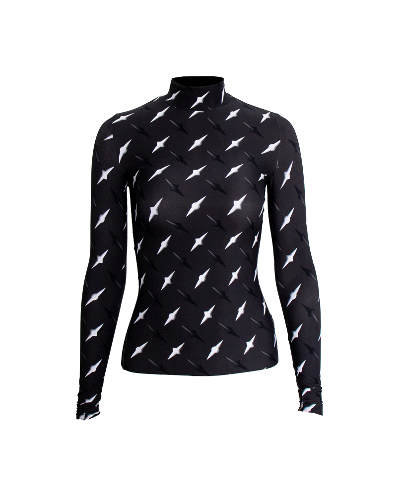 GIF of VinöniV / VinoniV Manhattan fitted bodysuit jersey top featuring New York City abstract cityscape-inspired pattern.