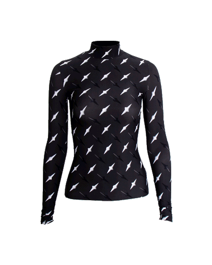 GIF of VinöniV / VinoniV Manhattan fitted bodysuit jersey top featuring New York City abstract cityscape-inspired pattern.