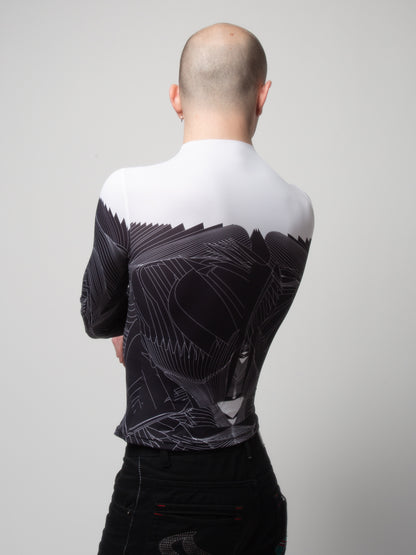 Back view of male model wearing VinöniV / VinoniV Obsidian Feather Daydream bodysuit jersey top with soft feather-inspired black and white design.